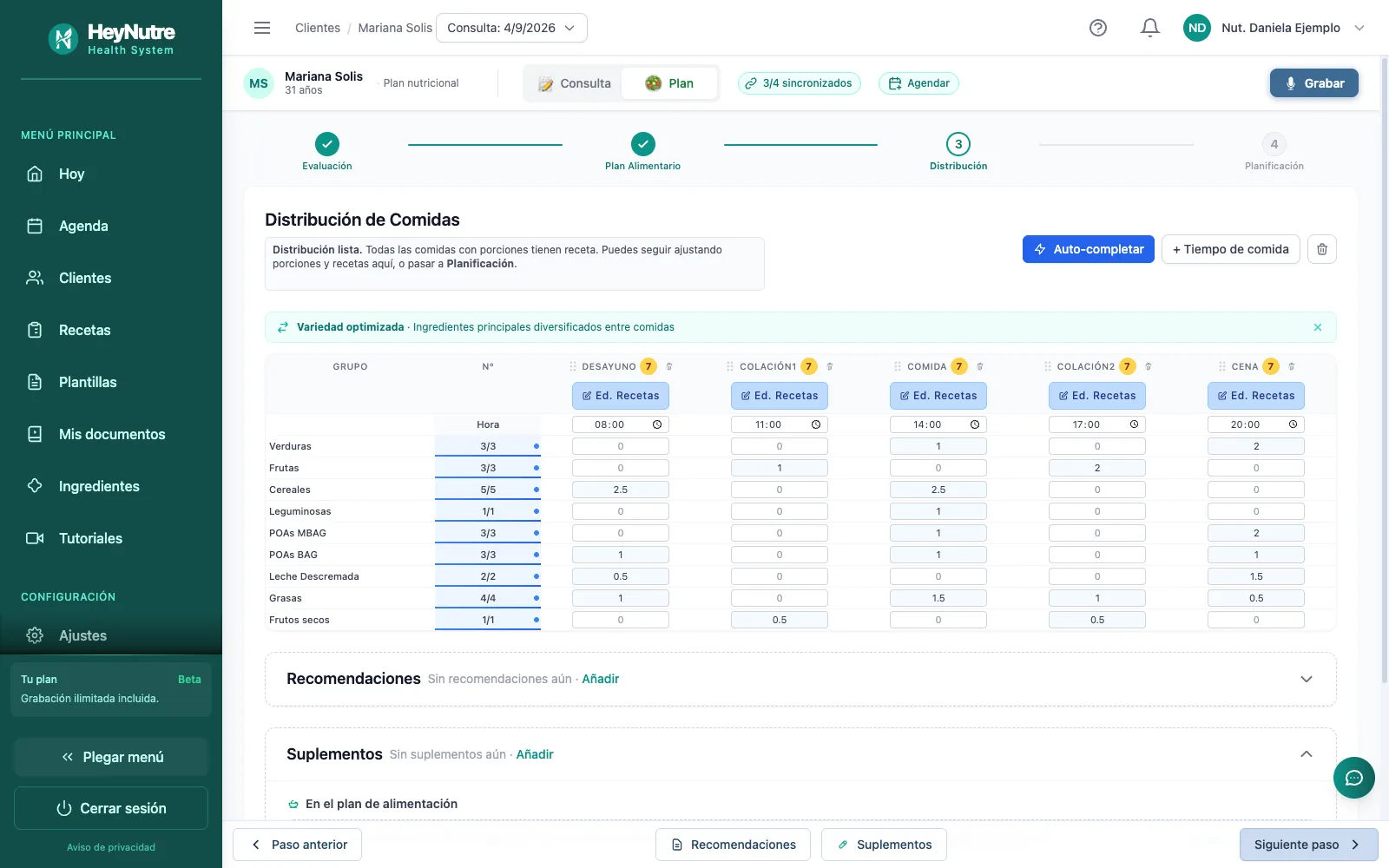 Paso de distribución del plan alimentario en HeyNutre con las equivalencias del SMAE por tiempo de comida
