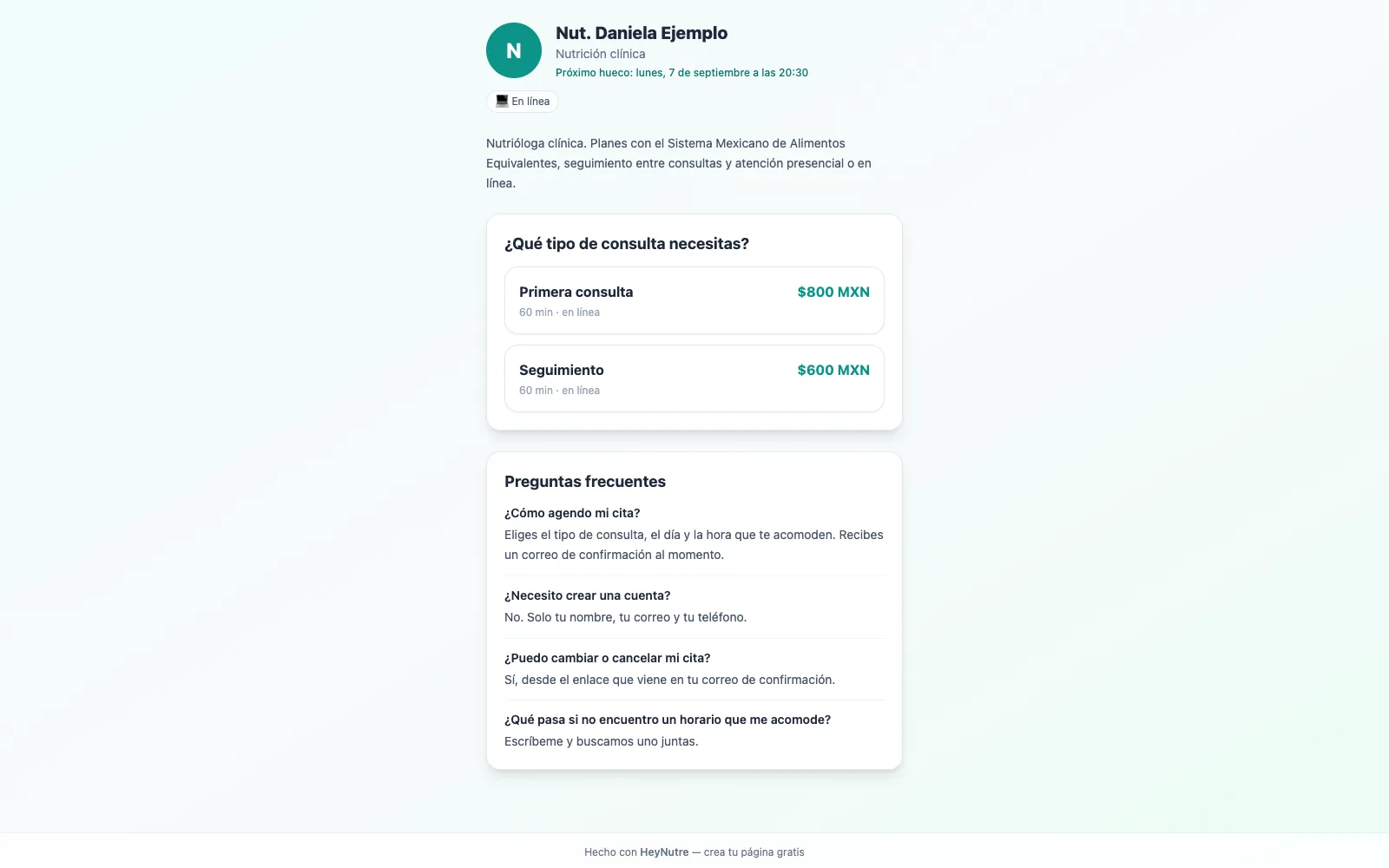 Página pública de una nutrióloga en HeyNutre con el próximo hueco disponible, los tipos de consulta con precio y las preguntas frecuentes