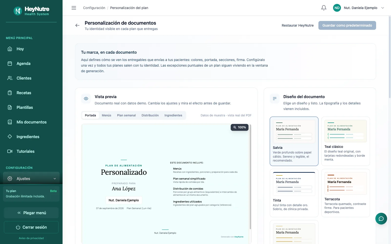 Personalización de documentos en HeyNutre con la vista previa de la portada del plan y los diseños Salvia, Teal, Tinta y Terracota