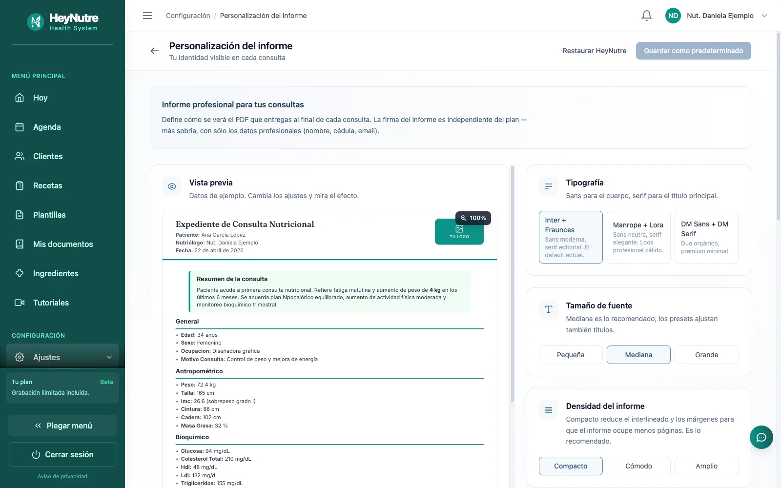 Personalización del informe de consulta en HeyNutre con la vista previa del expediente en PDF, tipografía, tamaño y densidad