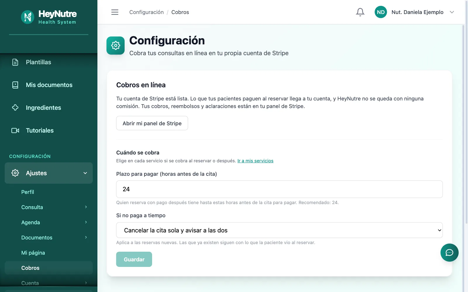 Reglas de cobro en HeyNutre: plazo de pago antes de la cita y qué pasa si el paciente no paga