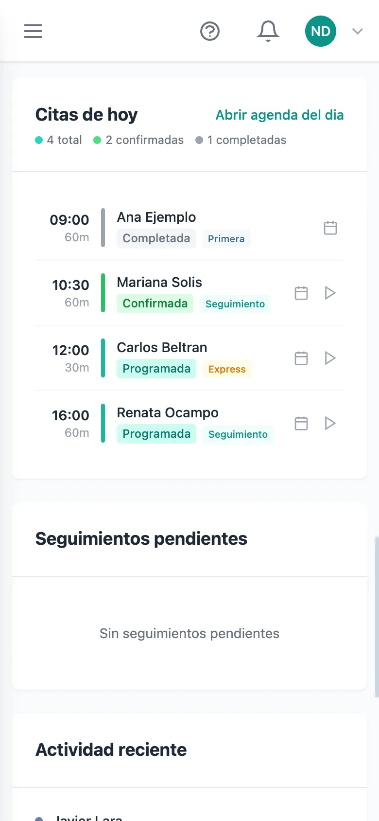 Panel de inicio de HeyNutre con la agenda del día, las consultas y los pacientes recientes