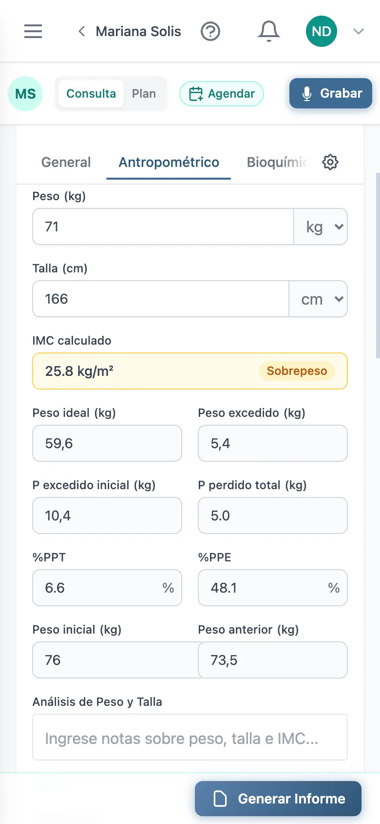 Expediente clínico nutricional en HeyNutre con las pestañas antropométrica, bioquímica, clínica y dietética y la evolución del peso