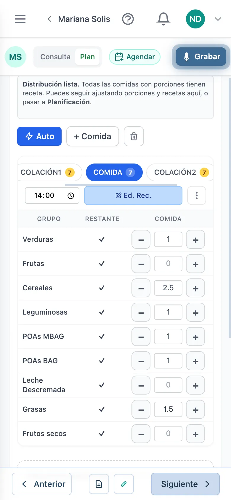 Paso de distribución del plan alimentario en HeyNutre con las equivalencias del SMAE por tiempo de comida