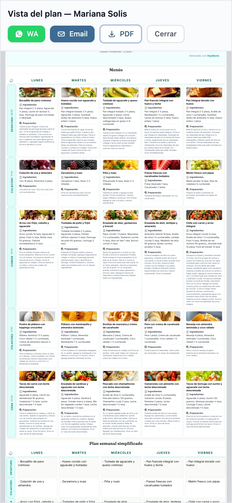Primera página del PDF del plan alimentario de HeyNutre con el logo y los datos de la consulta