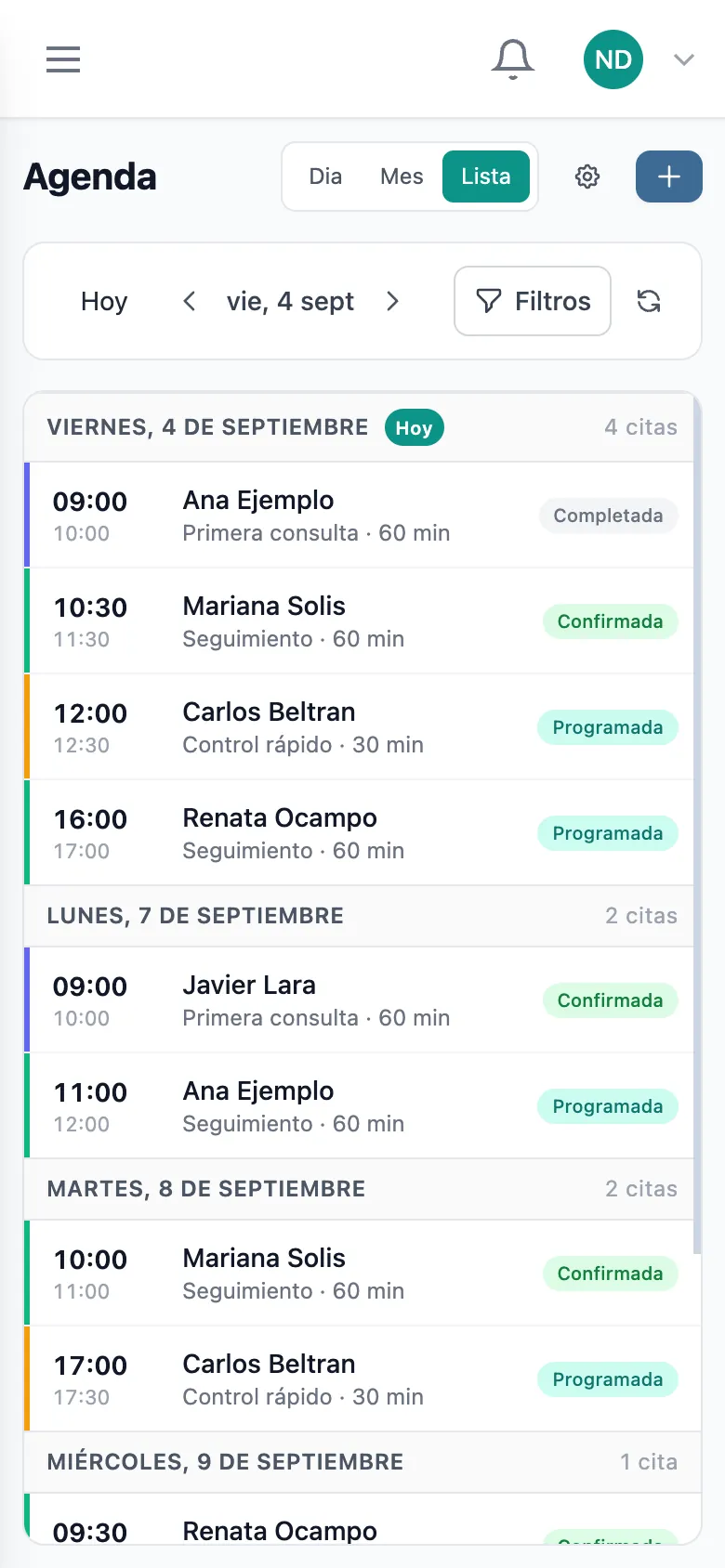 Agenda semanal de HeyNutre con las citas y el estado de confirmación por WhatsApp