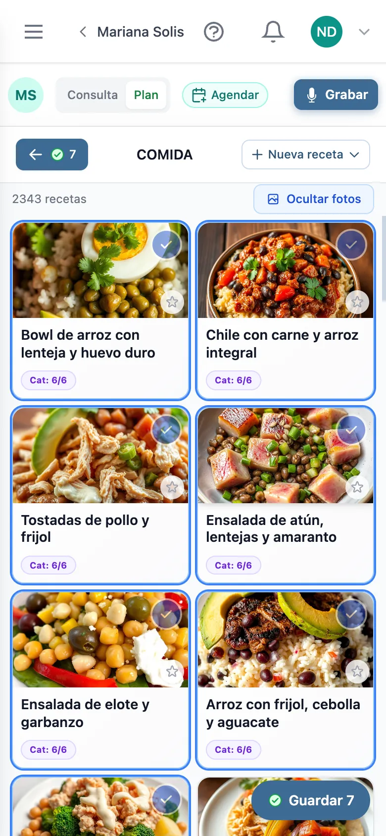 Paso de recetas del plan en HeyNutre con la rejilla del catálogo y el reparto SMAE de la comida