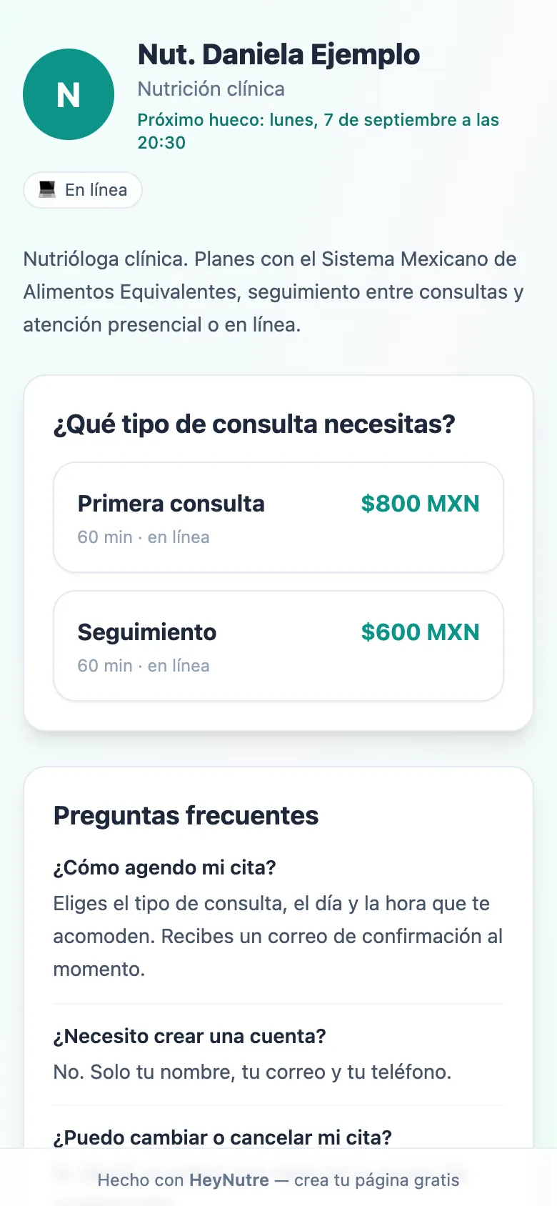 Página pública de una nutrióloga en HeyNutre con el próximo hueco disponible, los tipos de consulta con precio y las preguntas frecuentes