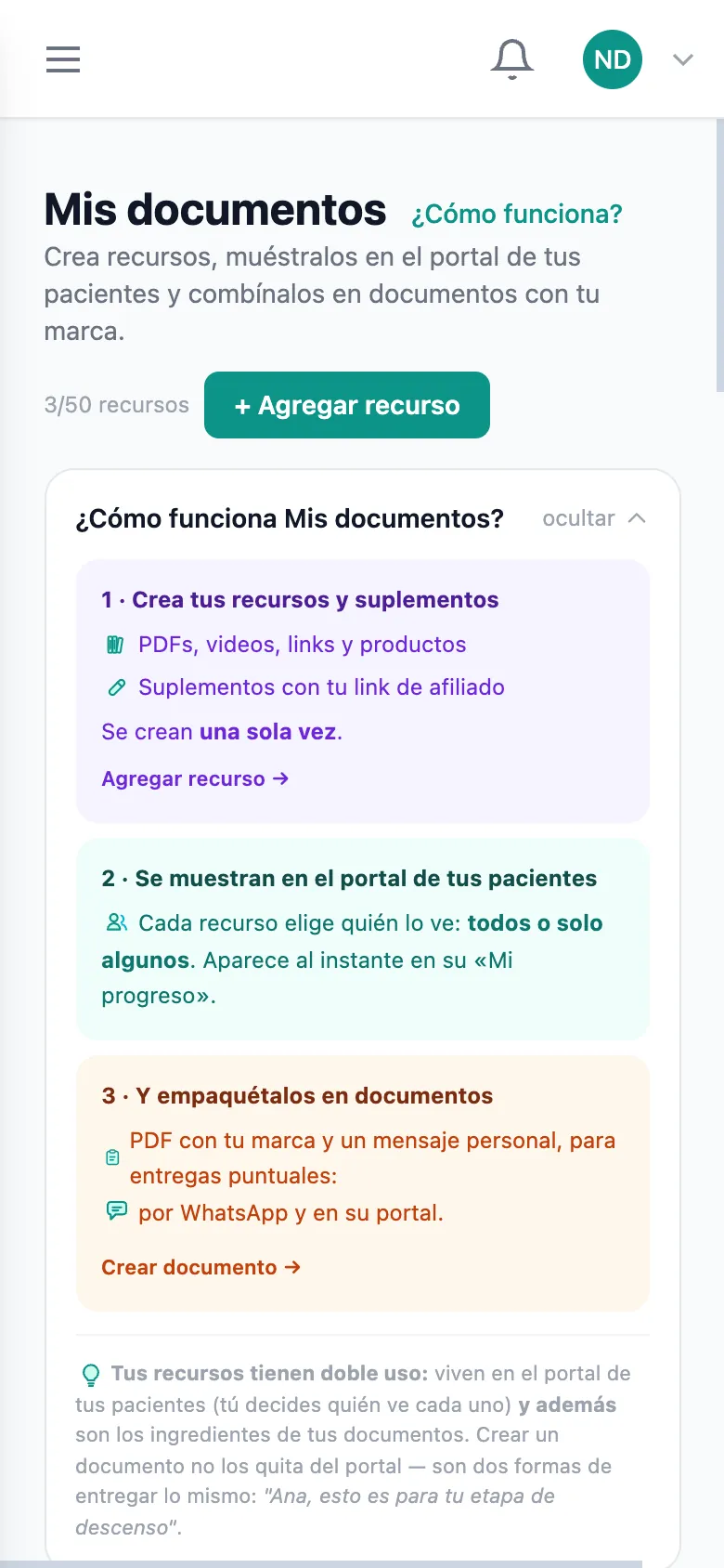 Biblioteca de recursos de la nutrióloga en HeyNutre con tres guías oficiales visibles en el portal de sus pacientes