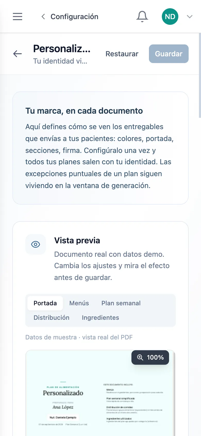 Personalización de documentos en HeyNutre con la vista previa de la portada del plan y los diseños Salvia, Teal, Tinta y Terracota