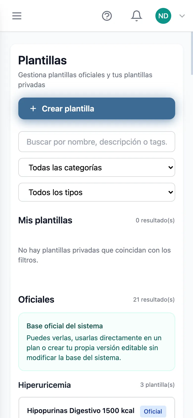 Plantillas de plan alimentario en HeyNutre: 21 oficiales por categoría clínica con kcal y reparto de macronutrientes