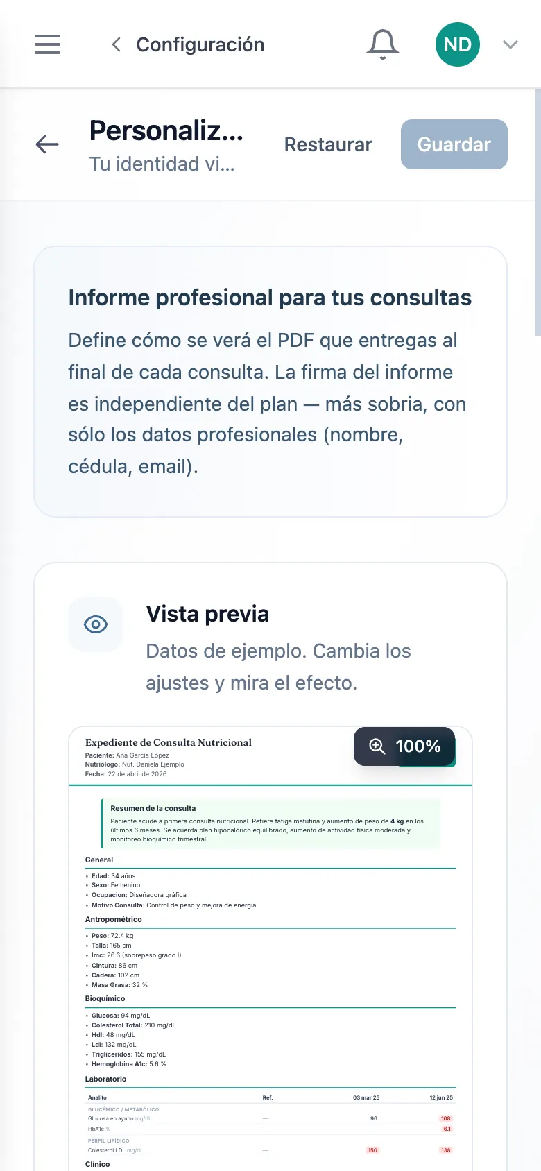 Personalización del informe de consulta en HeyNutre con la vista previa del expediente en PDF, tipografía, tamaño y densidad