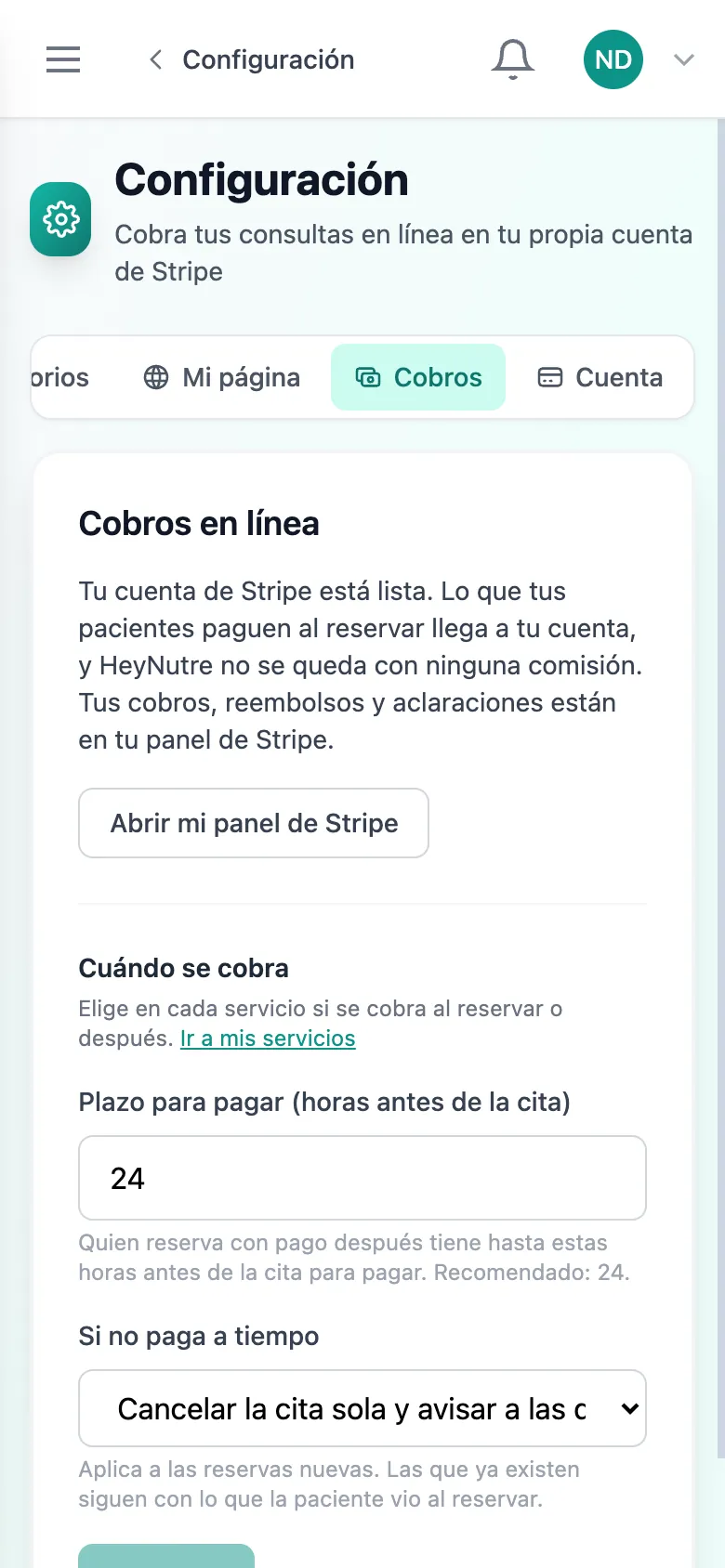 Pantalla de Cobros de HeyNutre con la cuenta de Stripe conectada y el acceso al panel de Stripe