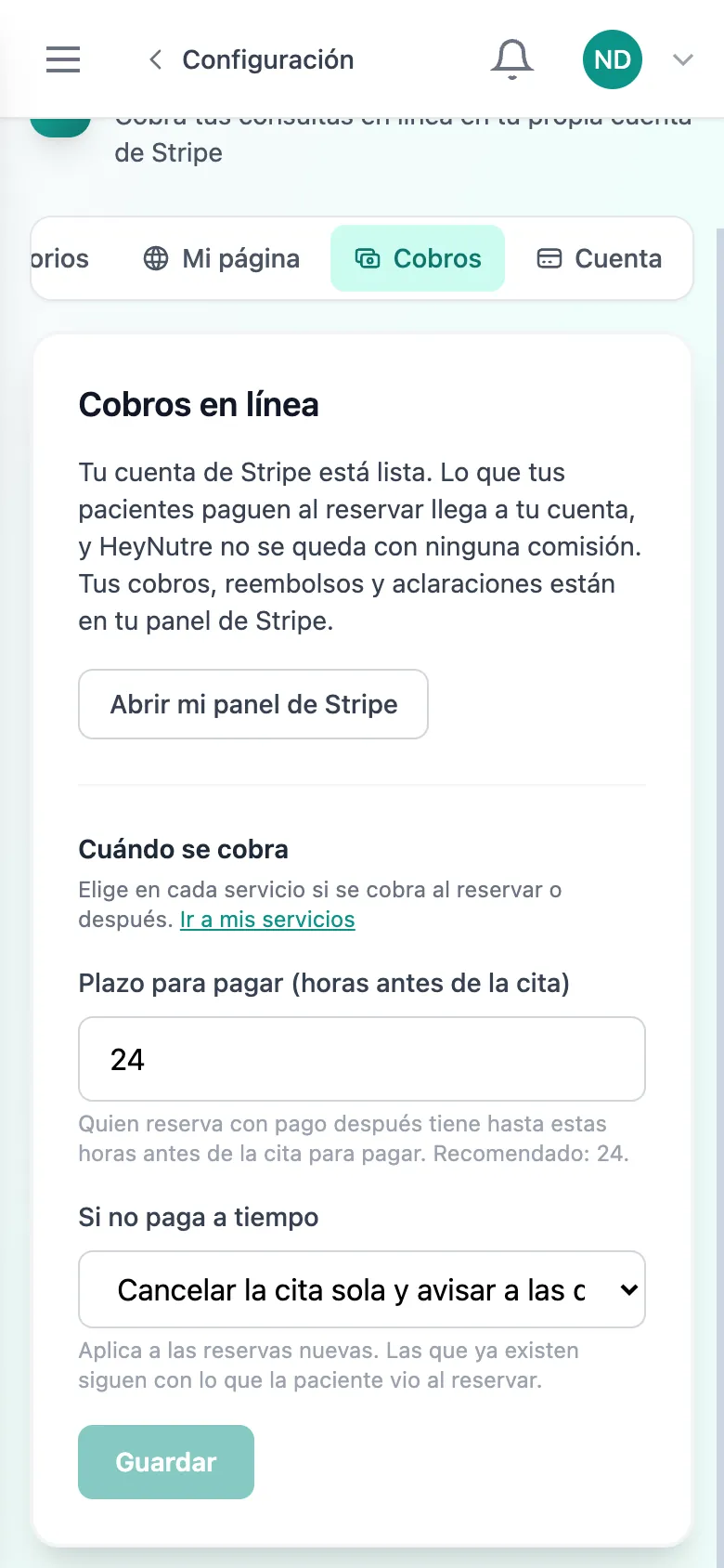 Reglas de cobro en HeyNutre: plazo de pago antes de la cita y qué pasa si el paciente no paga