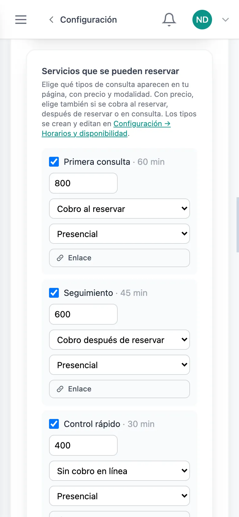 Tipos de consulta en HeyNutre con su política de cobro: al reservar para la primera consulta, después para el seguimiento y sin cobro en línea para el control rápido
